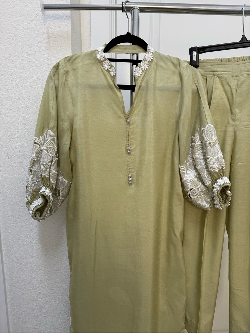 Two pcs sage green balloon sleeves top and straight pants Zainab Zulfiqar